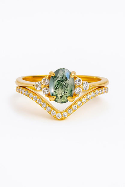 925 sterling silver moss agate green oval ring