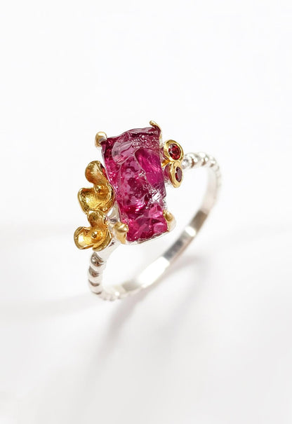 925 Sterling Silver Raw Pink Ruby Dainty Ring
