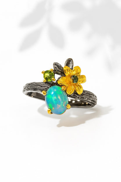 925 Sterling Silver Fire Opal Flower Ring