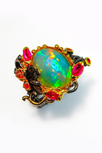 925 Sterling Silver Rainbow Fire Opal Ring