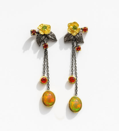 925 Sterling Silver Fire Opal Flower Earrings