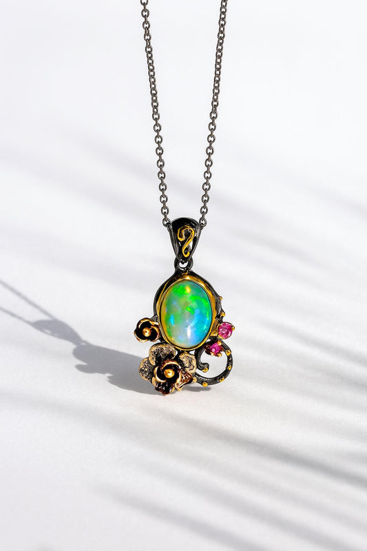 925 Sterling Silver Rainbow Opal Flower Necklace