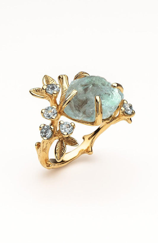 14K Solid Gold Raw Aquamarine Branch Ring