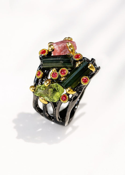 925 Sterling Silver Raw Tourmaline Statement Ring