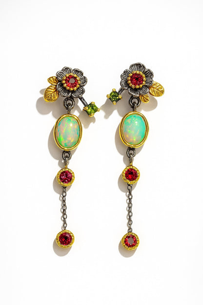 925 Sterling Silver Fire Opal Flower Dangle Earrings