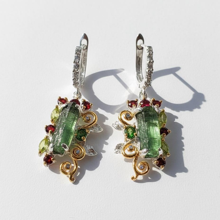 925 Sterling Silver Raw Tourmaline Dangle Earrings