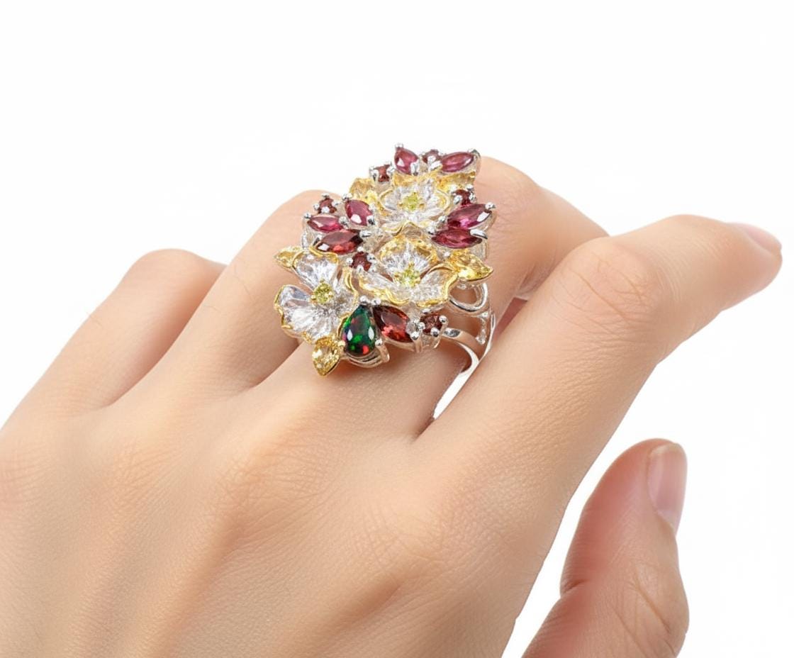 925 Sterling Silver Garnet Rhodolite Flower Ring