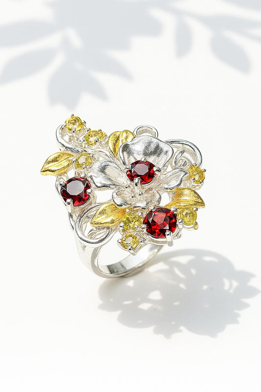 925 Sterling Silver Red Garnet Statement Flower Ring
