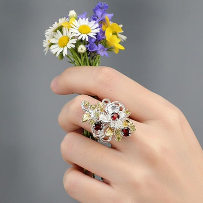 925 Sterling Silver Red Garnet Statement Flower Ring