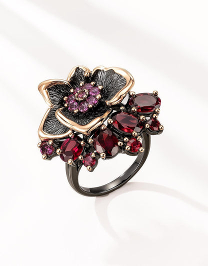 925 Sterling Silver Garnet Flower Ring