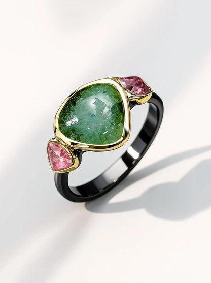 925 Sterling Silver Green Pink Tourmaline Ring