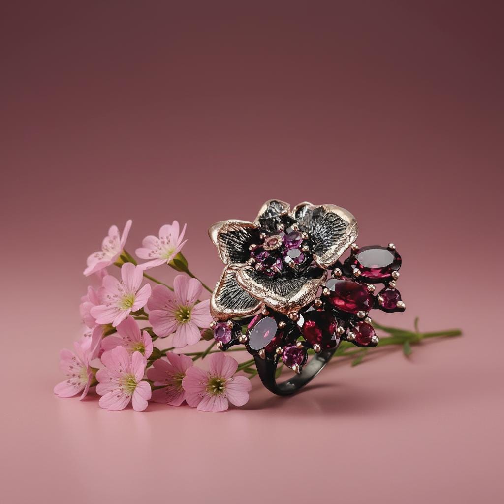925 Sterling Silver Garnet Flower Ring