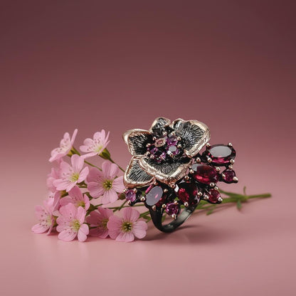 925 Sterling Silver Garnet Flower Ring