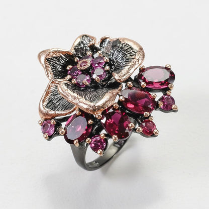 925 Sterling Silver Garnet Flower Ring