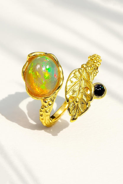 925 Sterling Silver Fire Opal Leaf Ring
