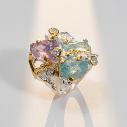 925 Sterling Silver Raw Apatite Amethyst Chunky Ring