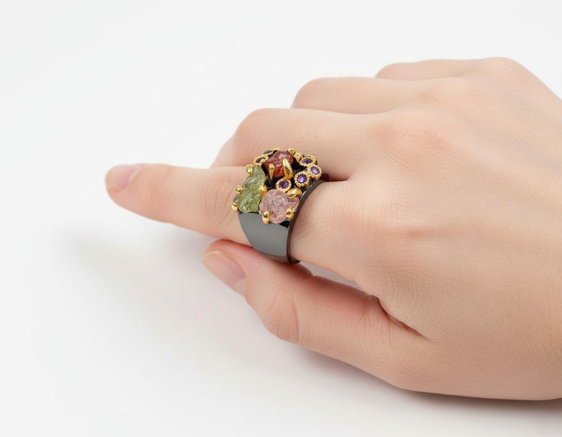 925 Sterling Silver Raw Crystal Statement Ring