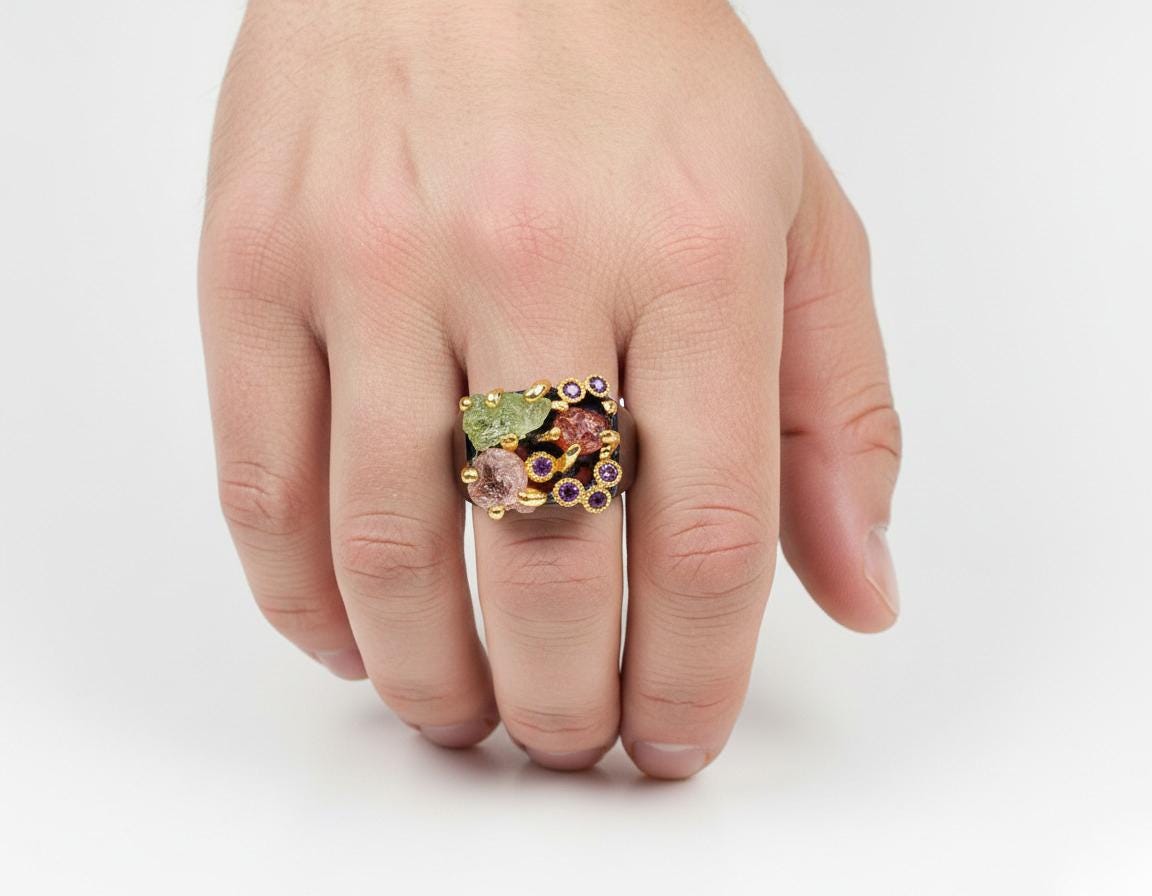 925 Sterling Silver Raw Crystal Statement Ring