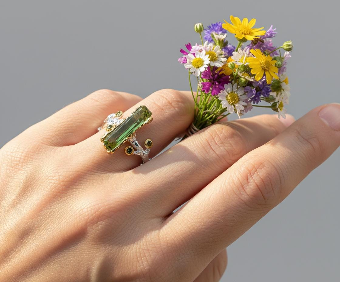 925 Sterling Silver Raw Tourmaline Branch Ring