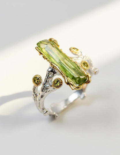 925 Sterling Silver Raw Tourmaline Branch Ring