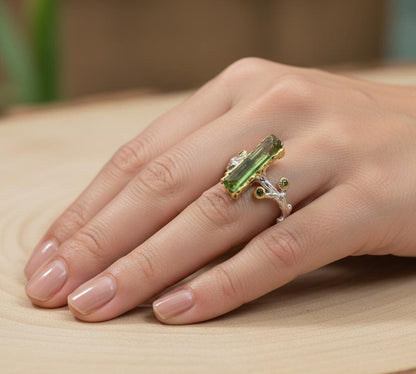 925 Sterling Silver Raw Tourmaline Branch Ring
