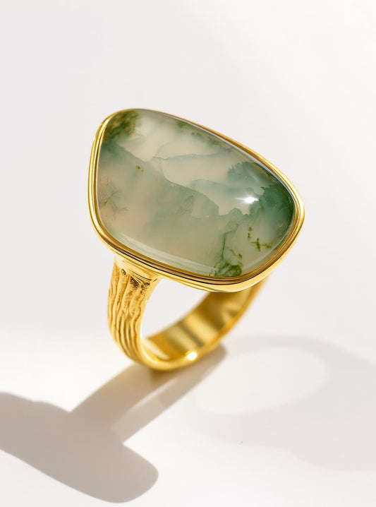 925 Sterling Silver Moss Agate Statement Ring