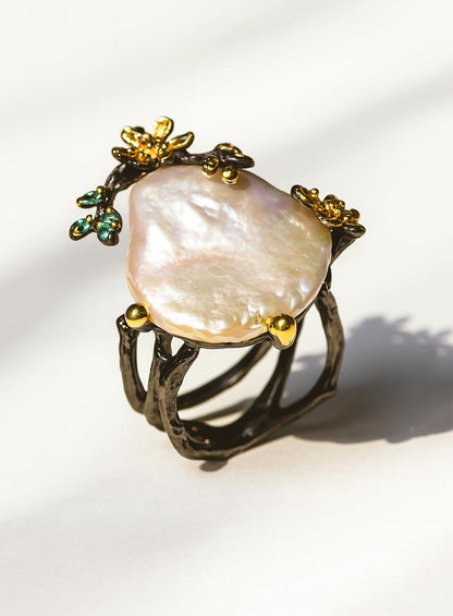 925 Sterling Silver Baroque Pearl Chunky Ring