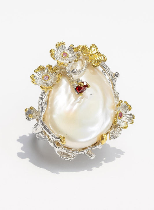 925 Sterling Silver Baroque Pearl Statement Ring