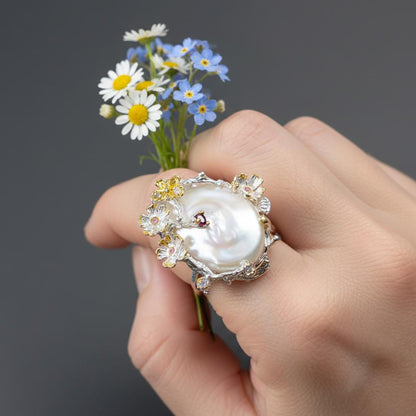 925 Sterling Silver Baroque Pearl Statement Ring