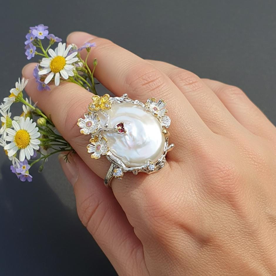 925 Sterling Silver Baroque Pearl Statement Ring
