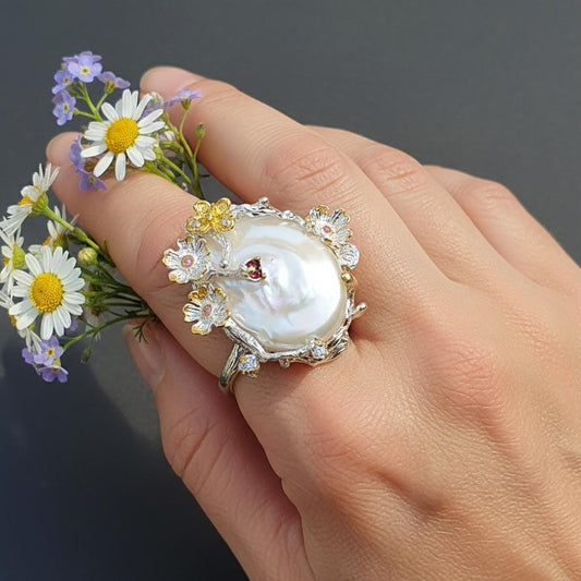 925 Sterling Silver Baroque Pearl Statement Ring
