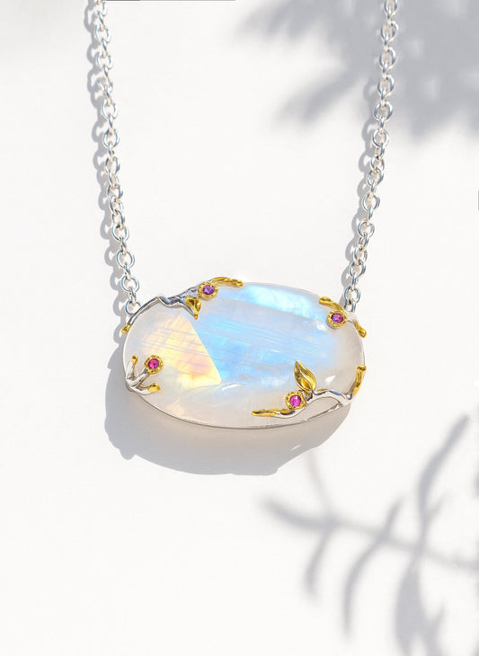 925 Sterling Silver Moonstone Rainbow Necklace