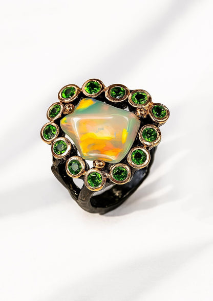 925 Sterling Silver Raw Opal Halo Ring