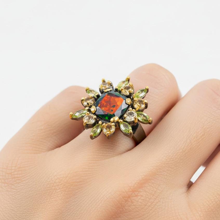 925 Sterling Silver Black Opal Halo Ring