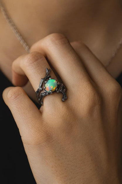 925 sterling silver fire opal branch ring