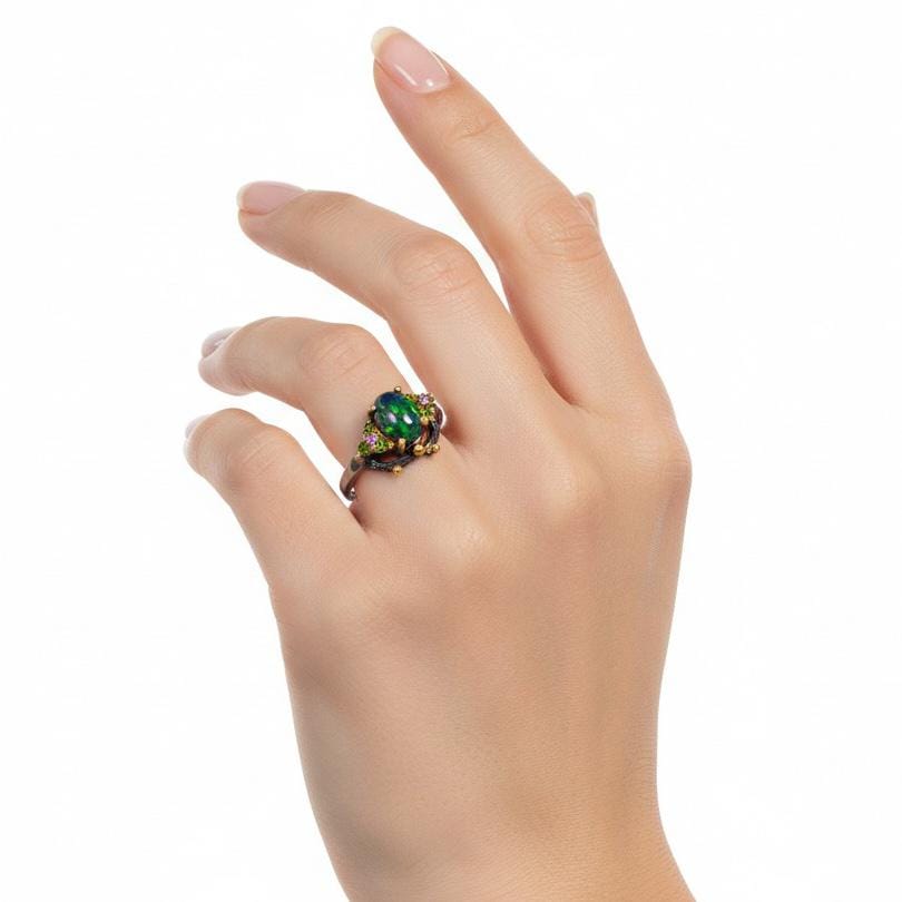 925 Sterling Silver Black Opal Branch Ring