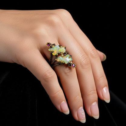 925 Sterling Silver Raw Fire Opal Branch Ring