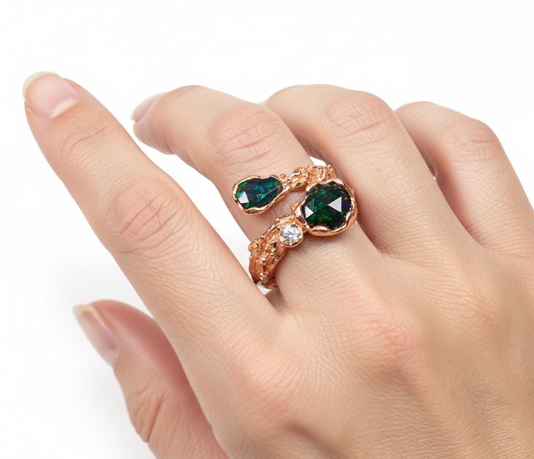 925 sterling silver black opal nature ring