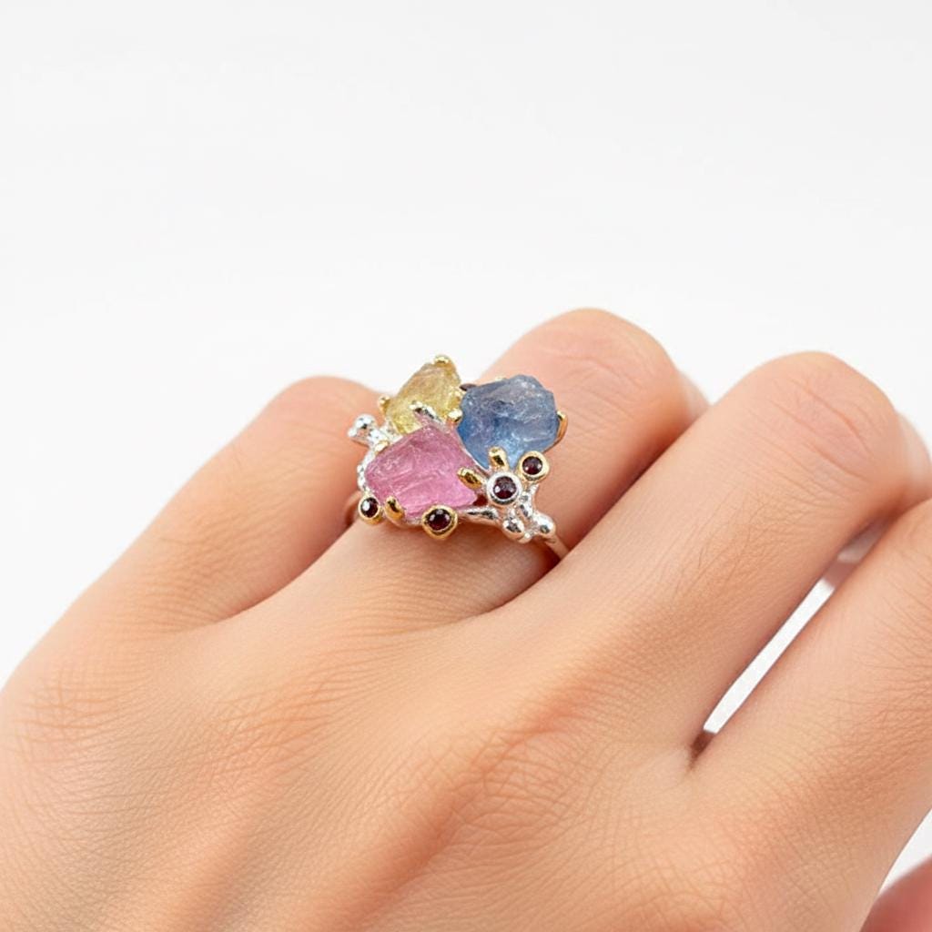 925 sterling silver raw sapphire ruby peridot ring