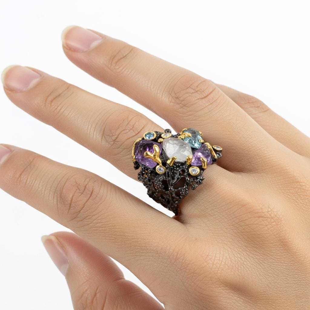 925 Sterling Silver Raw Amethyst Wide Band Ring