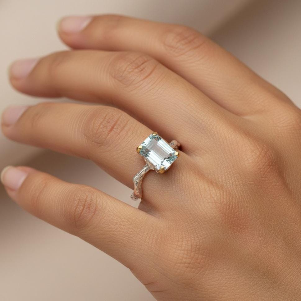 925 Sterling Silver Aquamarine Ring, worn on hand