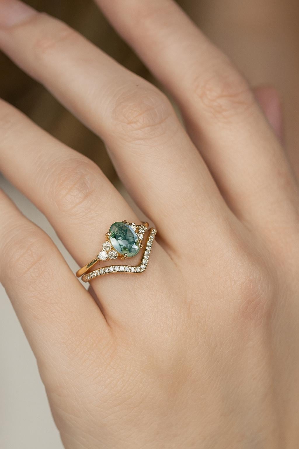 925 sterling silver moss agate green oval ring