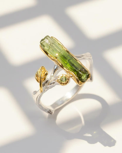 925 Sterling Silver Raw Tourmaline Branch Ring