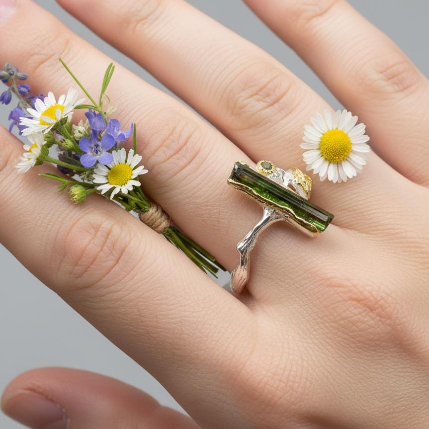 925 Sterling Silver Raw Tourmaline Branch Ring