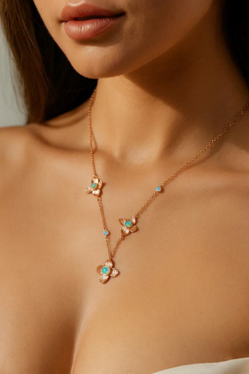925 sterling silver rainbow opal flower necklace