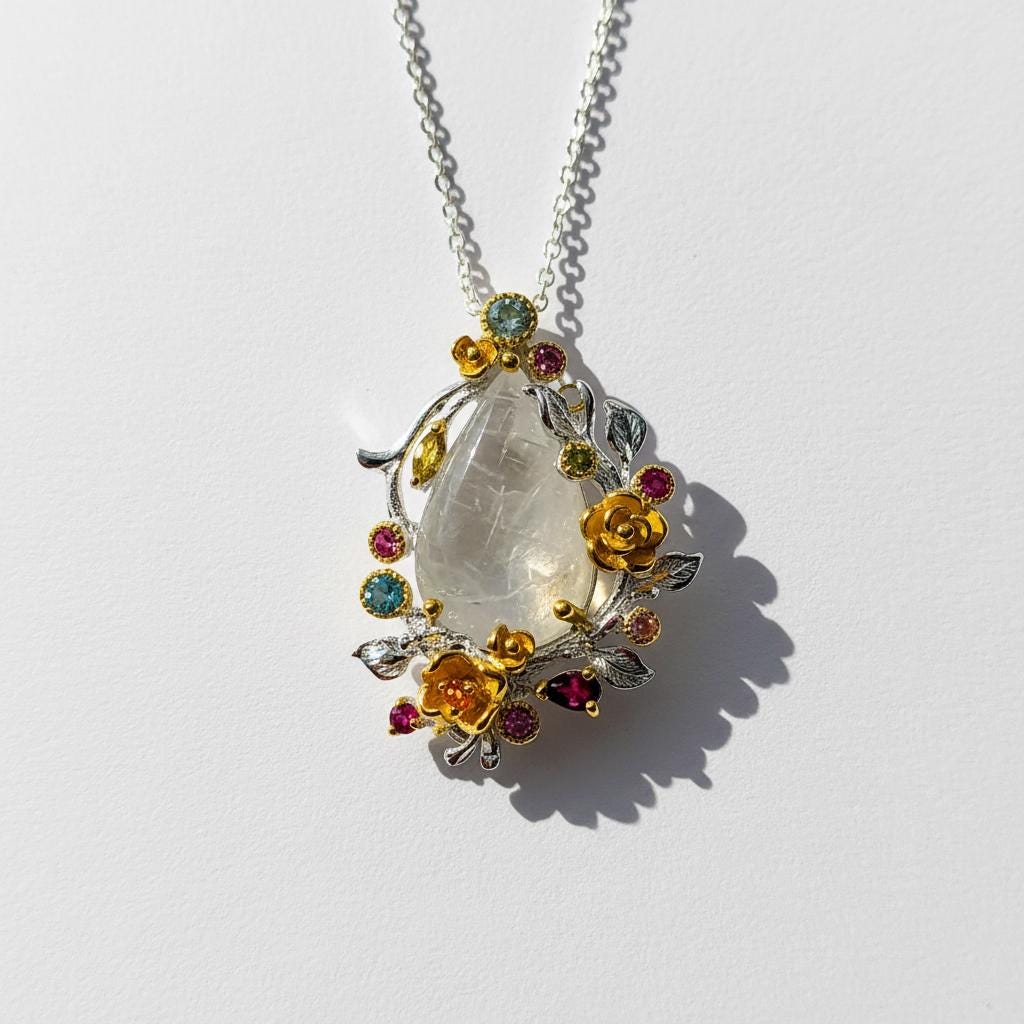 925 Sterling Silver Moonstone Floral Pendant