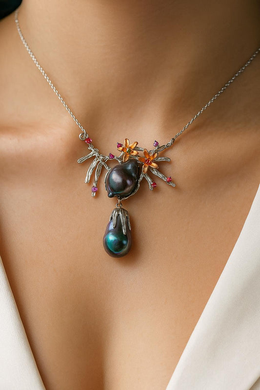 925 Sterling Silver Black Baroque Pearl Necklace