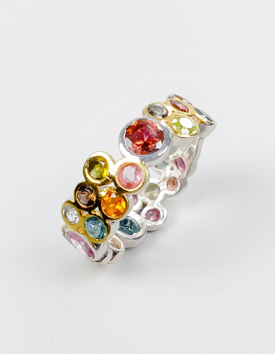 925 Sterling Silver Colorful Cluster Gemstone Ring