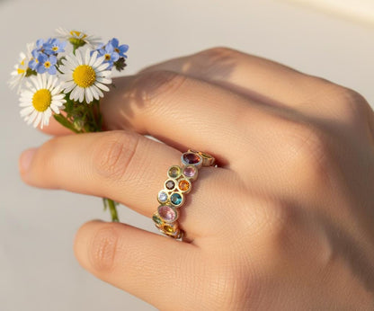 925 Sterling Silver Colorful Cluster Gemstone Ring