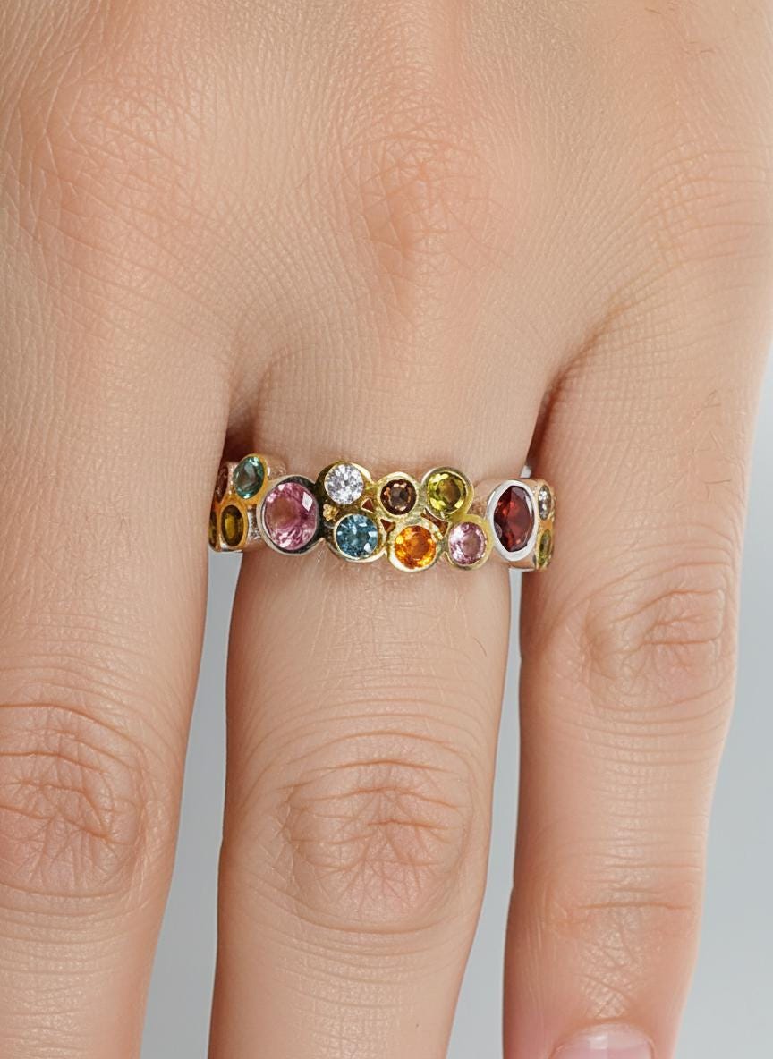 925 Sterling Silver Colorful Cluster Gemstone Ring